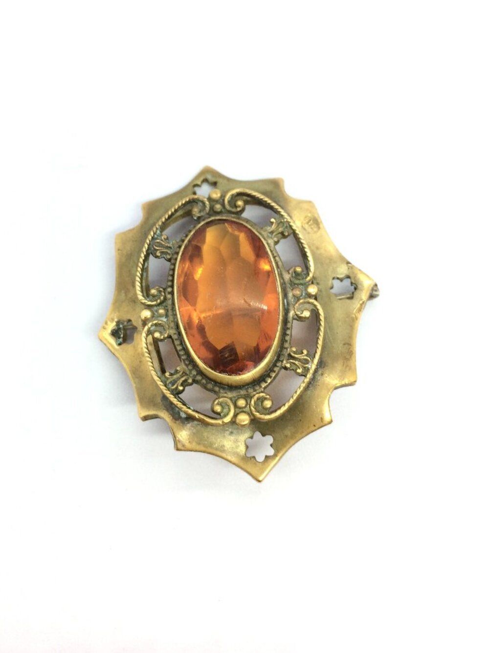 CZECH GLASS BROOCH Orange Faceted Stone Brass Filigree Pin Orange